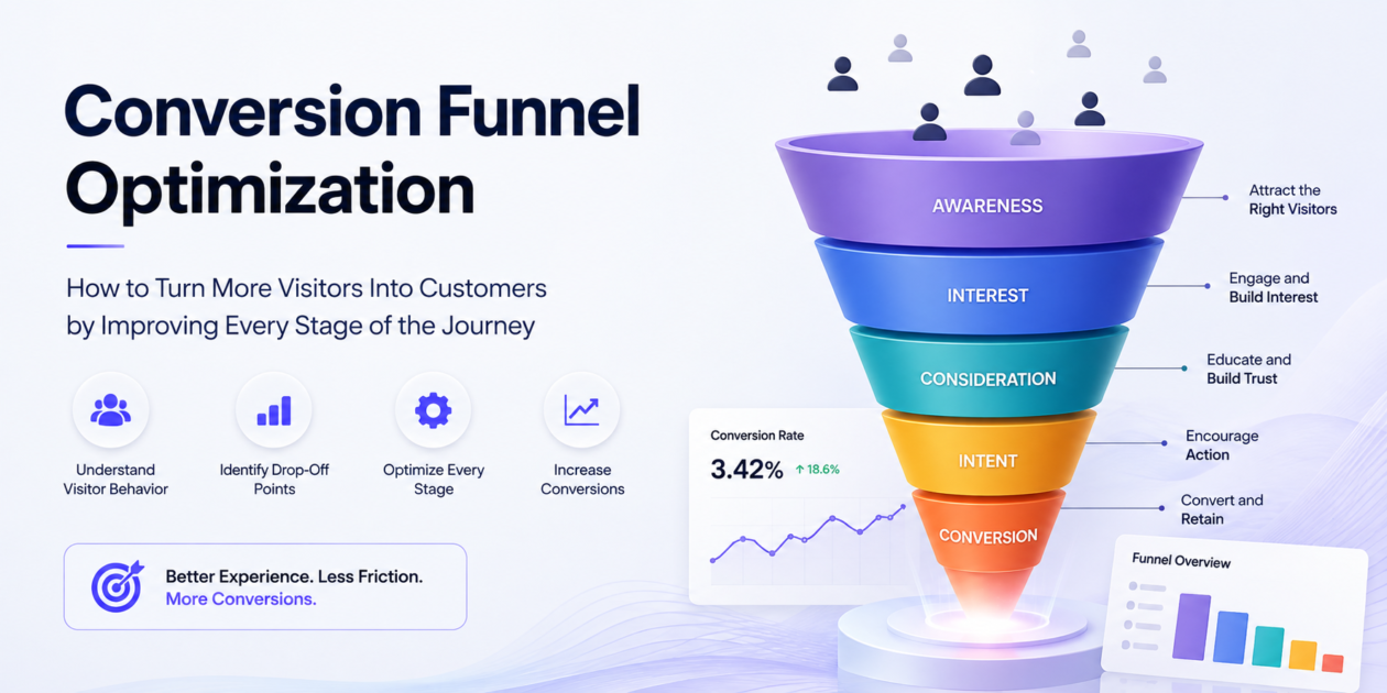 Conversion funnel optimization showing visitors moving through awareness, interest, consideration, intent and conversion stages