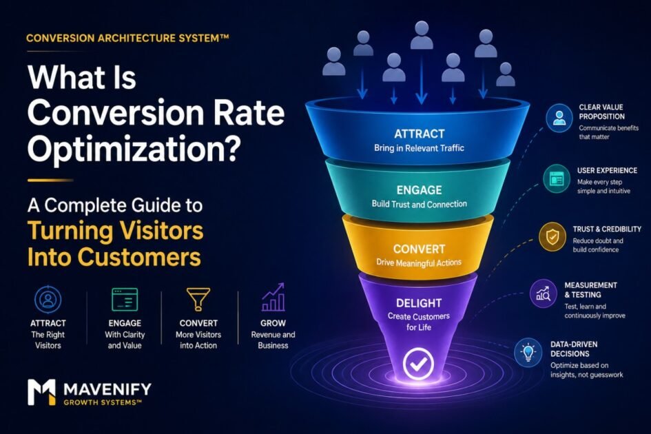 Conversion rate optimization funnel showing how visitors become customers through better user experience and conversion strategy