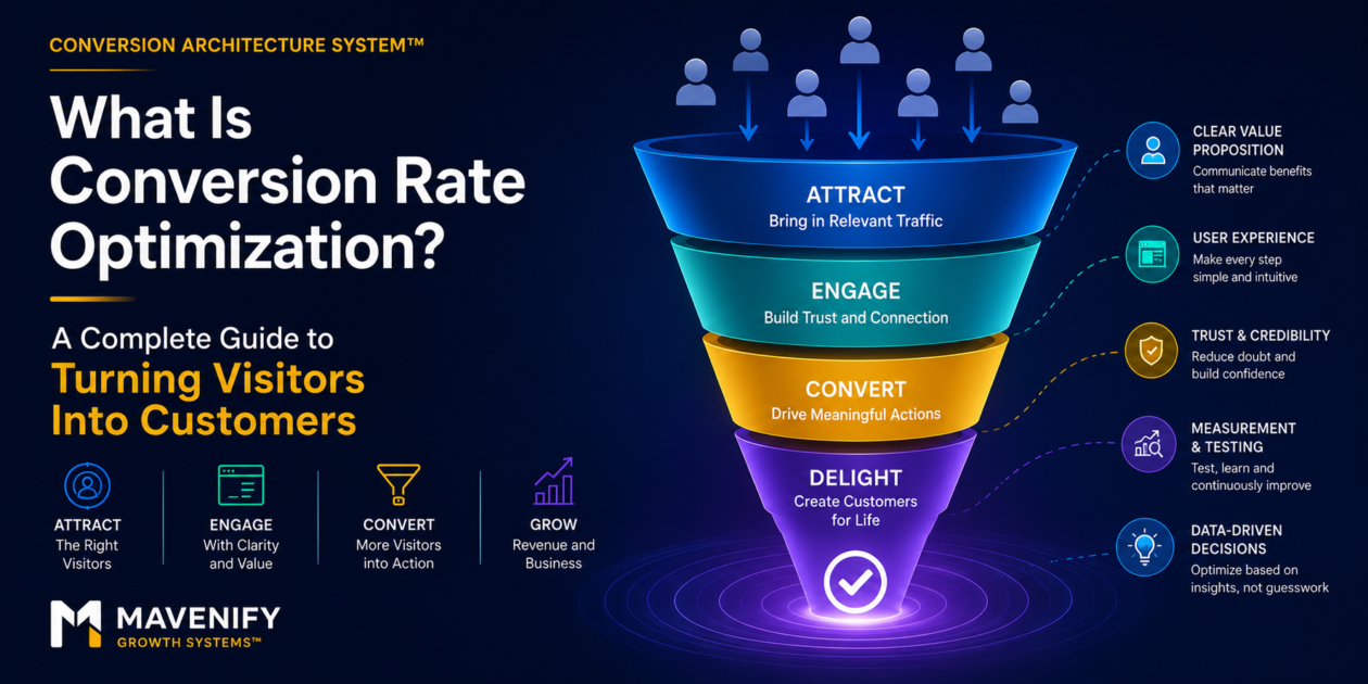 Conversion rate optimization funnel showing how visitors become customers through better user experience and conversion strategy