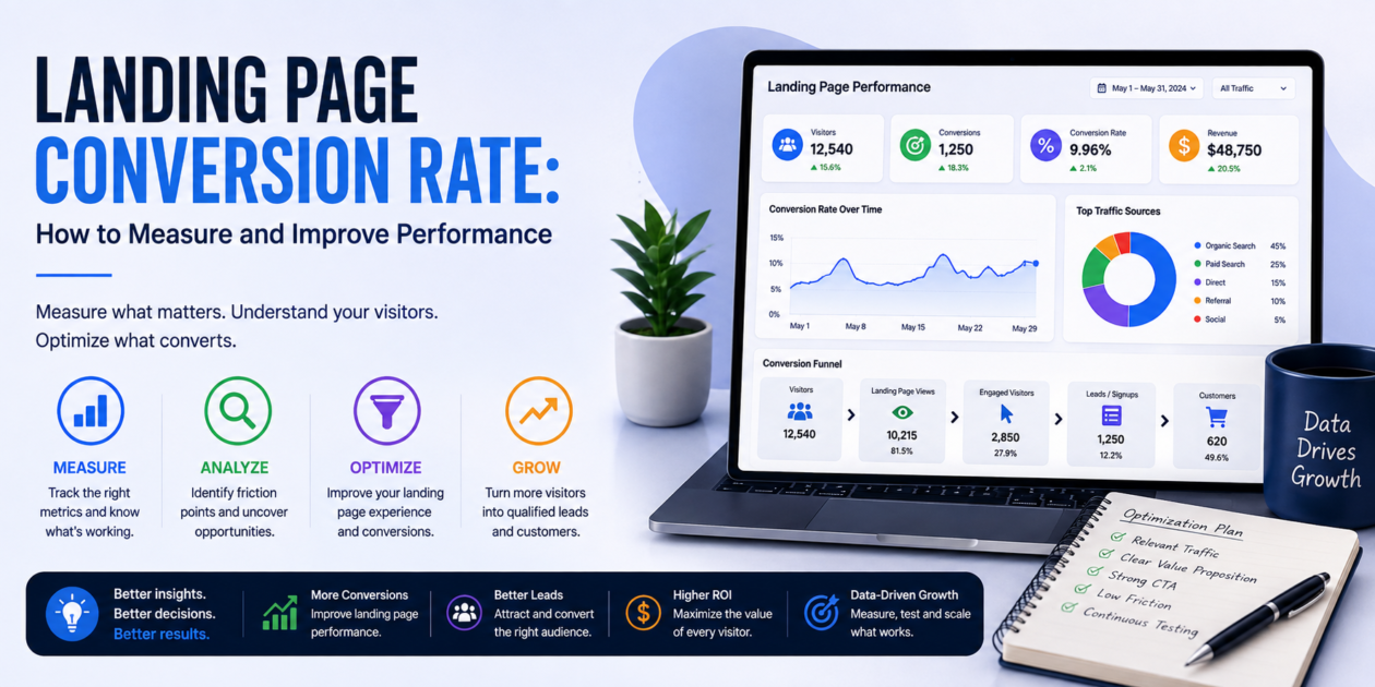 Landing page conversion rate dashboard showing visitors, conversions, conversion rate and growth
