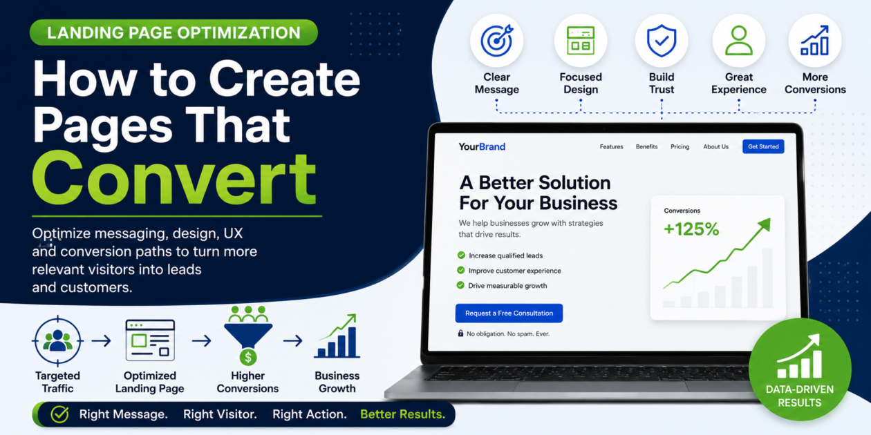 Landing page optimization showing how clear messaging, focused design, trust and user experience improve conversions