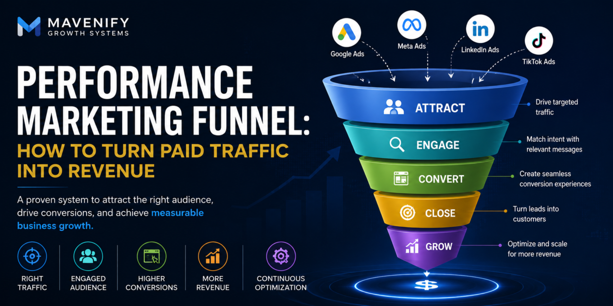 Performance marketing funnel showing how paid traffic turns into revenue