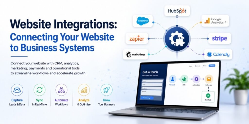 Website integrations connecting a website with CRM, analytics, marketing, payment and business systems