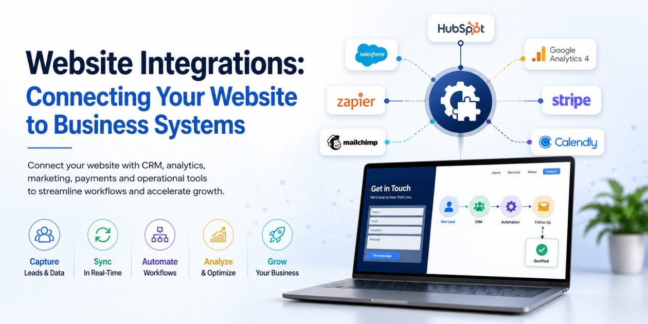 Website integrations connecting a website with CRM, analytics, marketing, payment and business systems