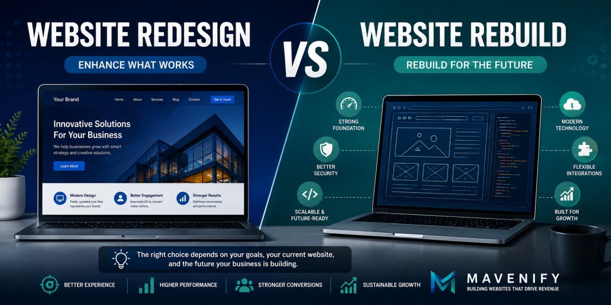 Website redesign vs website rebuild comparison showing design improvements and technical rebuilding